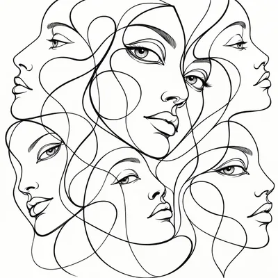 Black ink continuous-line faces