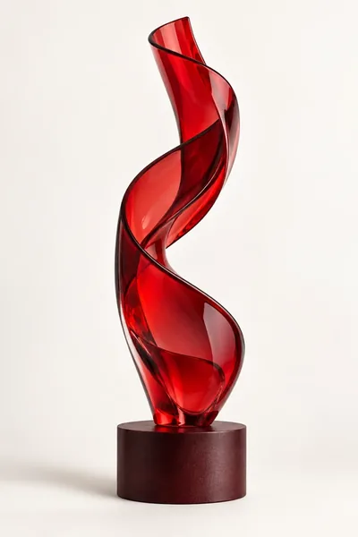 Scarlet glass ribbon sculpture on an oxblood plinth